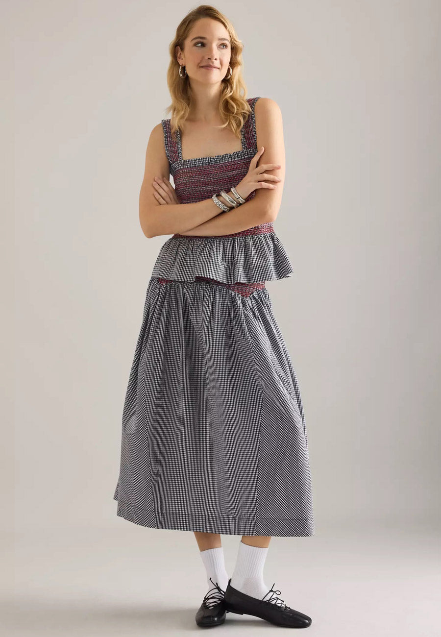 Damson Madder Layla Godet Midi Skirt Black & White Gingham – Uncommon