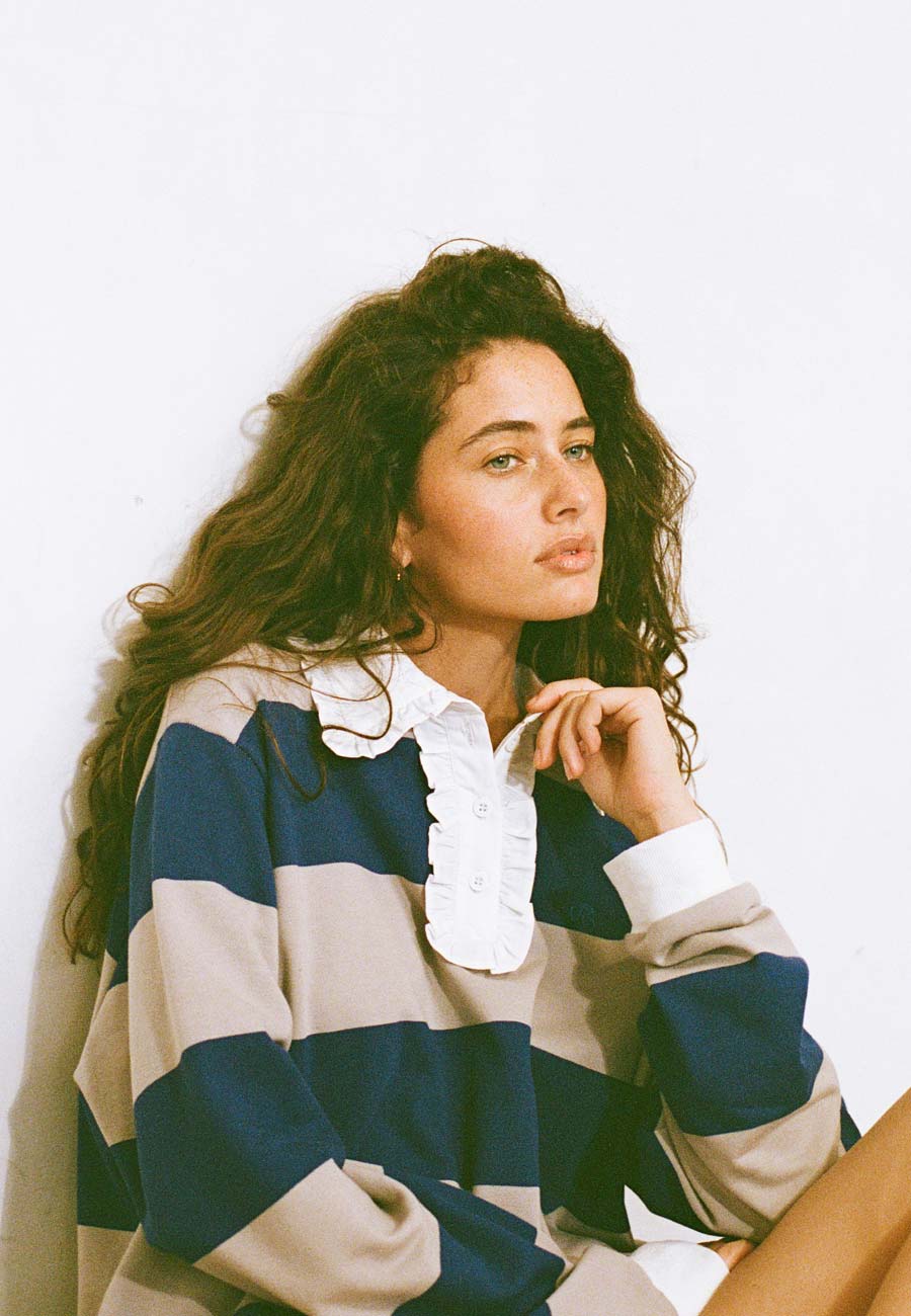 Commonplace Essentials Ocean Frill Polo Navy Stripe