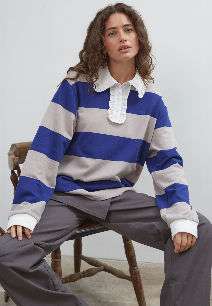 Commonplace Essentials Ocean Frill Polo Navy Stripe