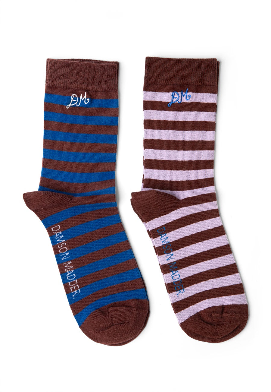 Damson Madder Calf Length 2 Pack Socks Mix Choc Stripe