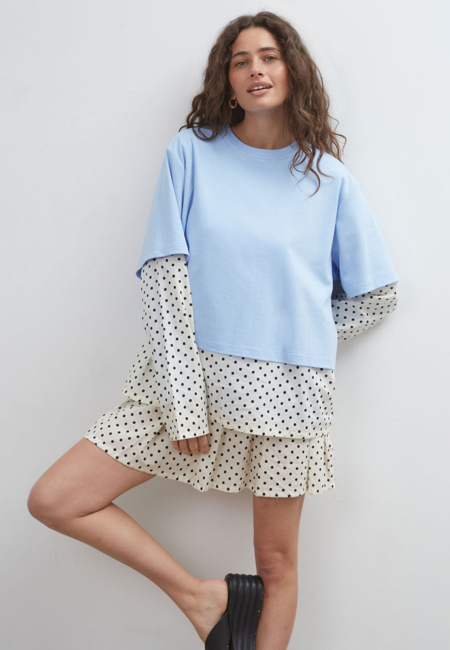 Commonplace Essentials Blue Crush LS Tee Light Blue Polka