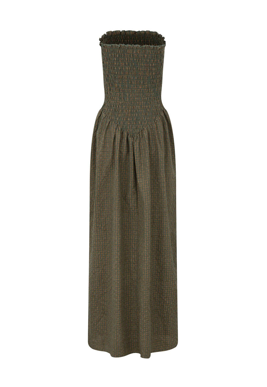 Après Studio Pine Check Ruched Strapless Maxi