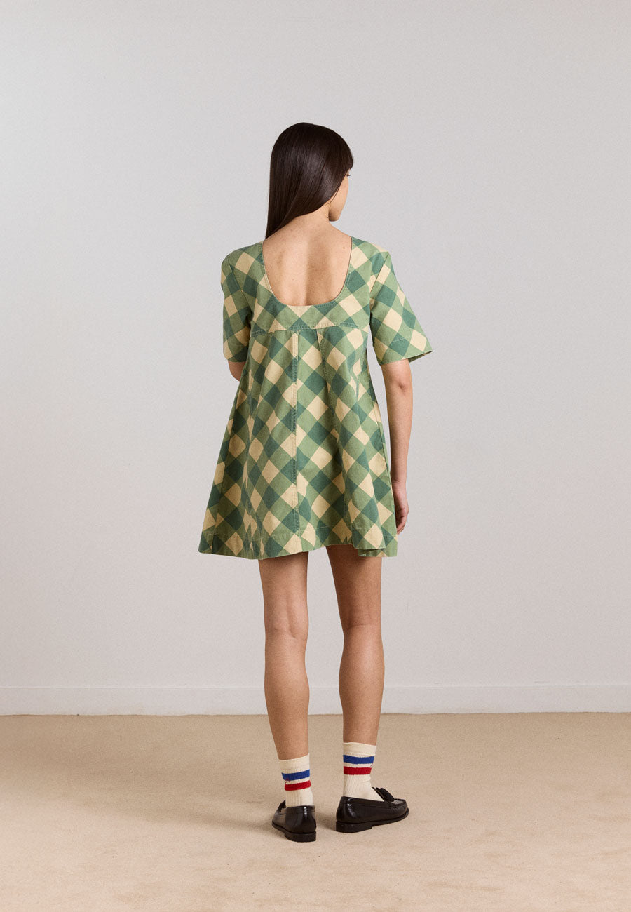 Damson Madder Bridget Mini Dress Green Butter Gingham