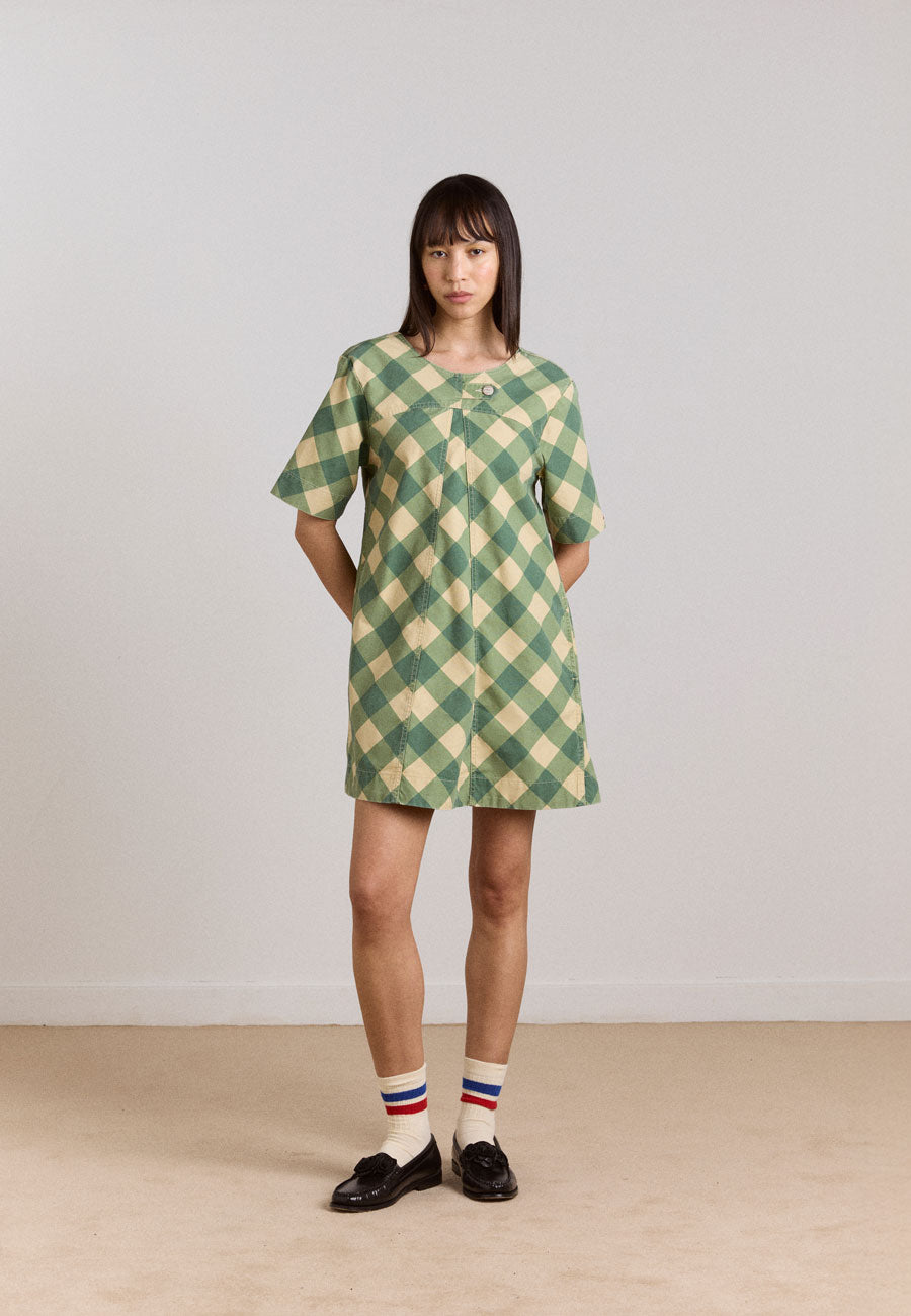 Damson Madder Bridget Mini Dress Green Butter Gingham