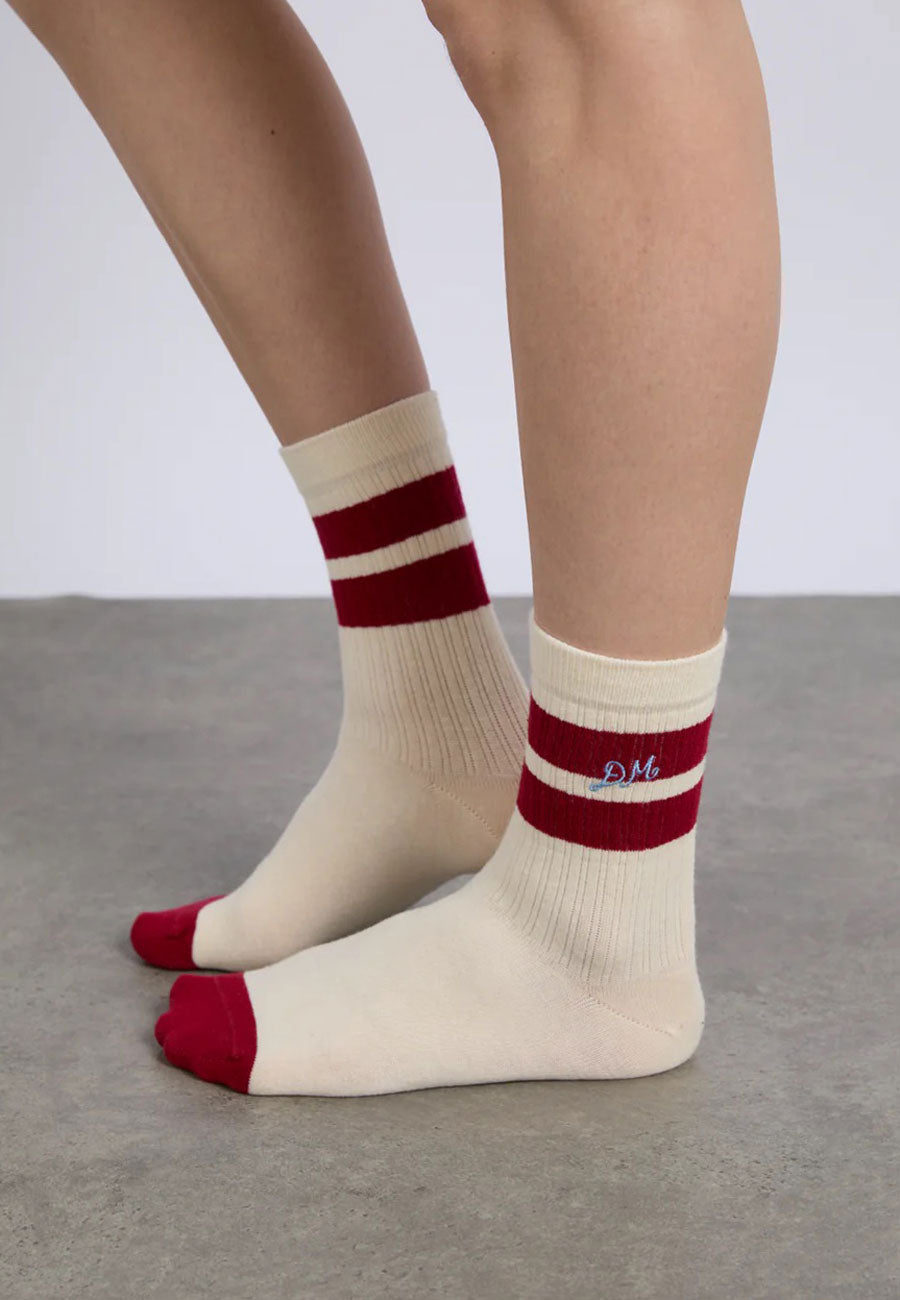 Damson Madder Sporty Calf Length Socks Cream & Red