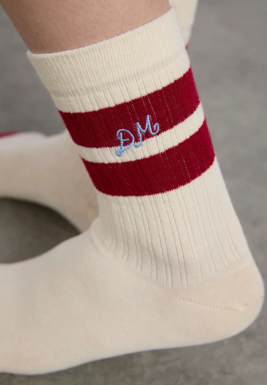 Damson Madder Sporty Calf Length Socks Cream & Red