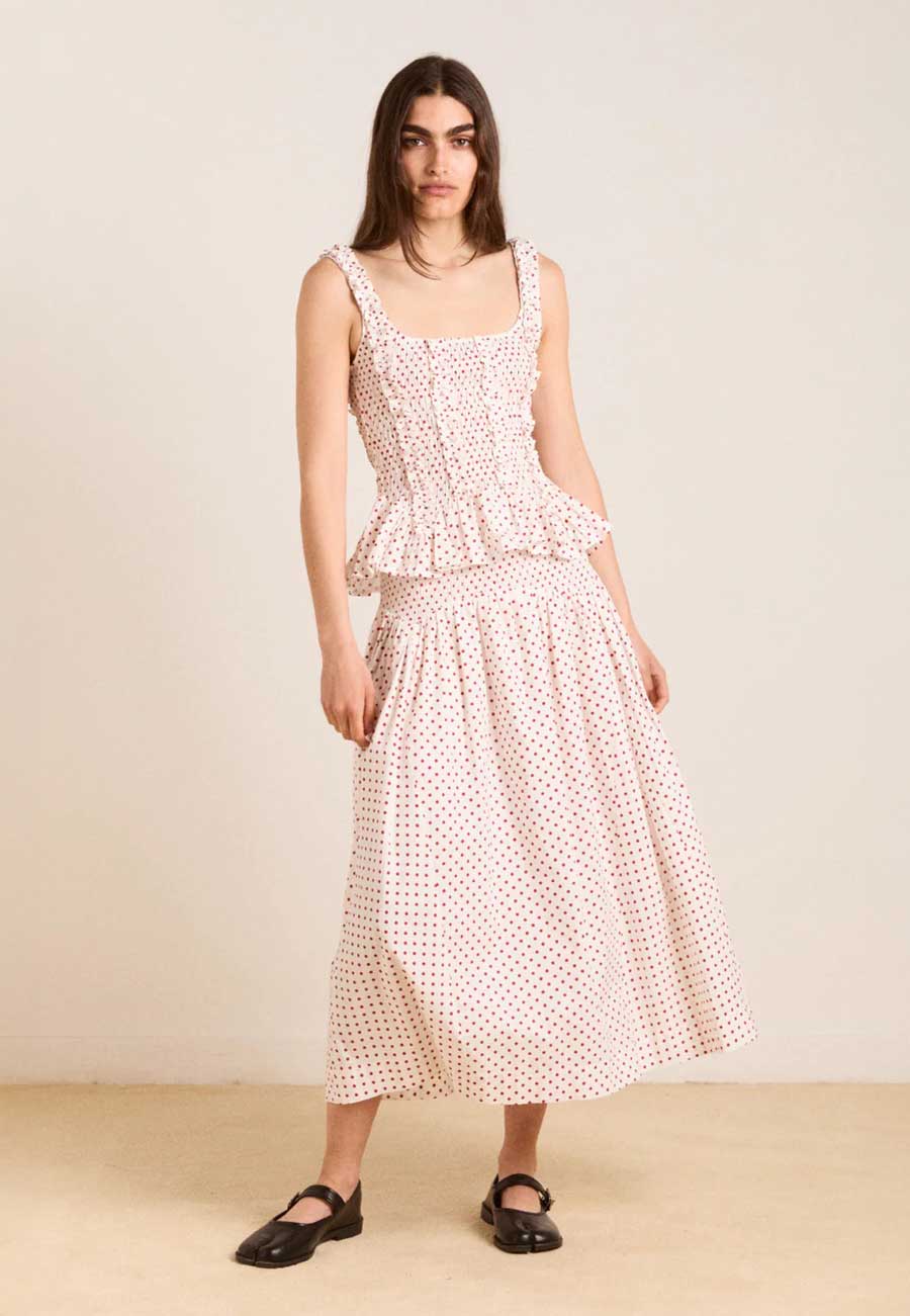 Damson Madder Layla Godet Midi Skirt Off White & Red Spot