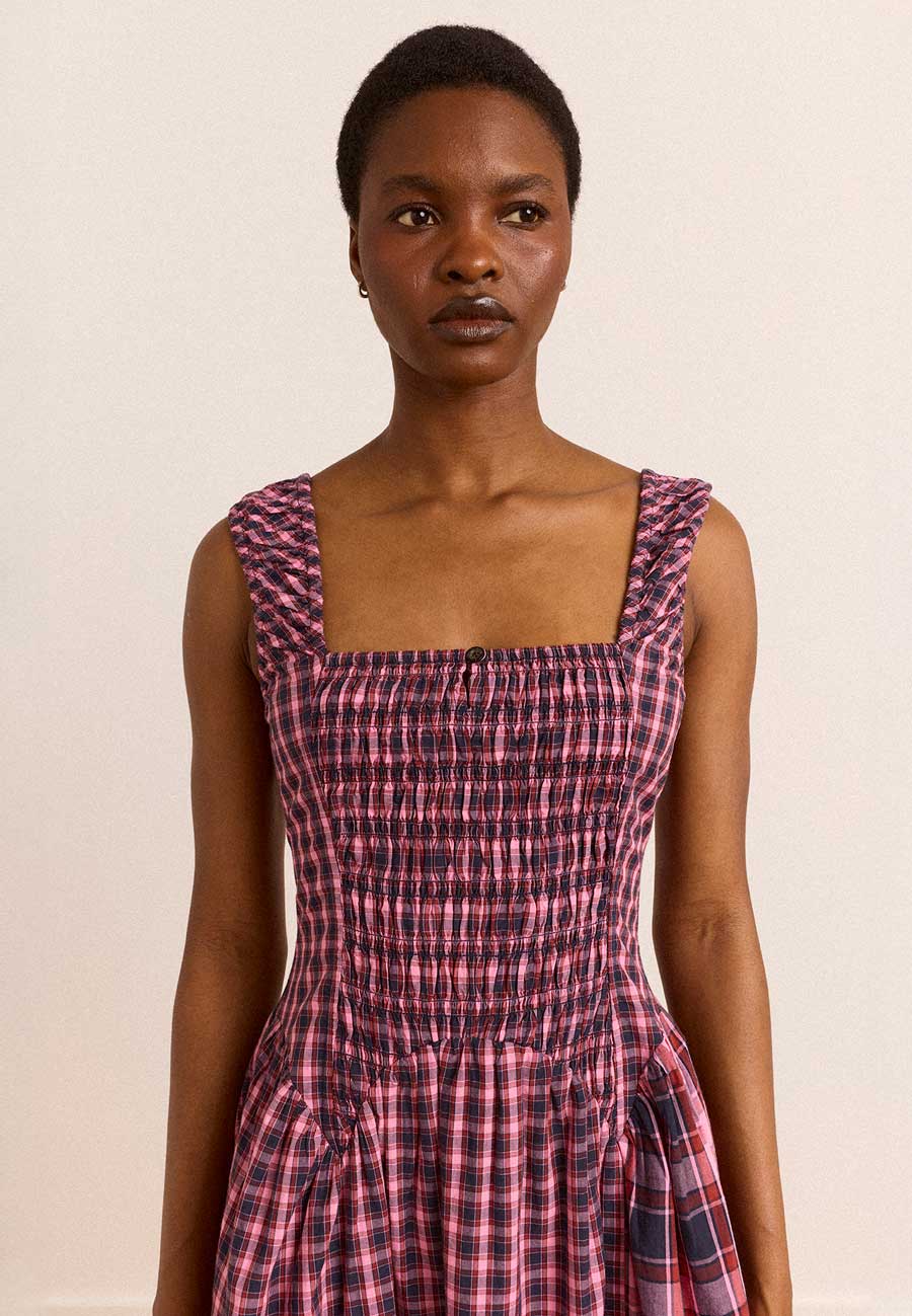 Damson Madder Molly Midi Dress Magenta Check
