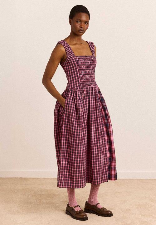 Damson Madder Molly Midi Dress Magenta Check