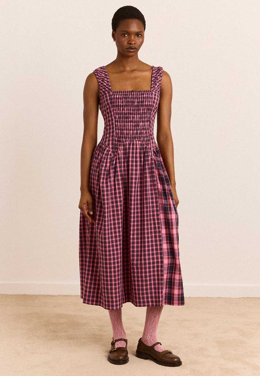 Damson Madder Molly Midi Dress Magenta Check