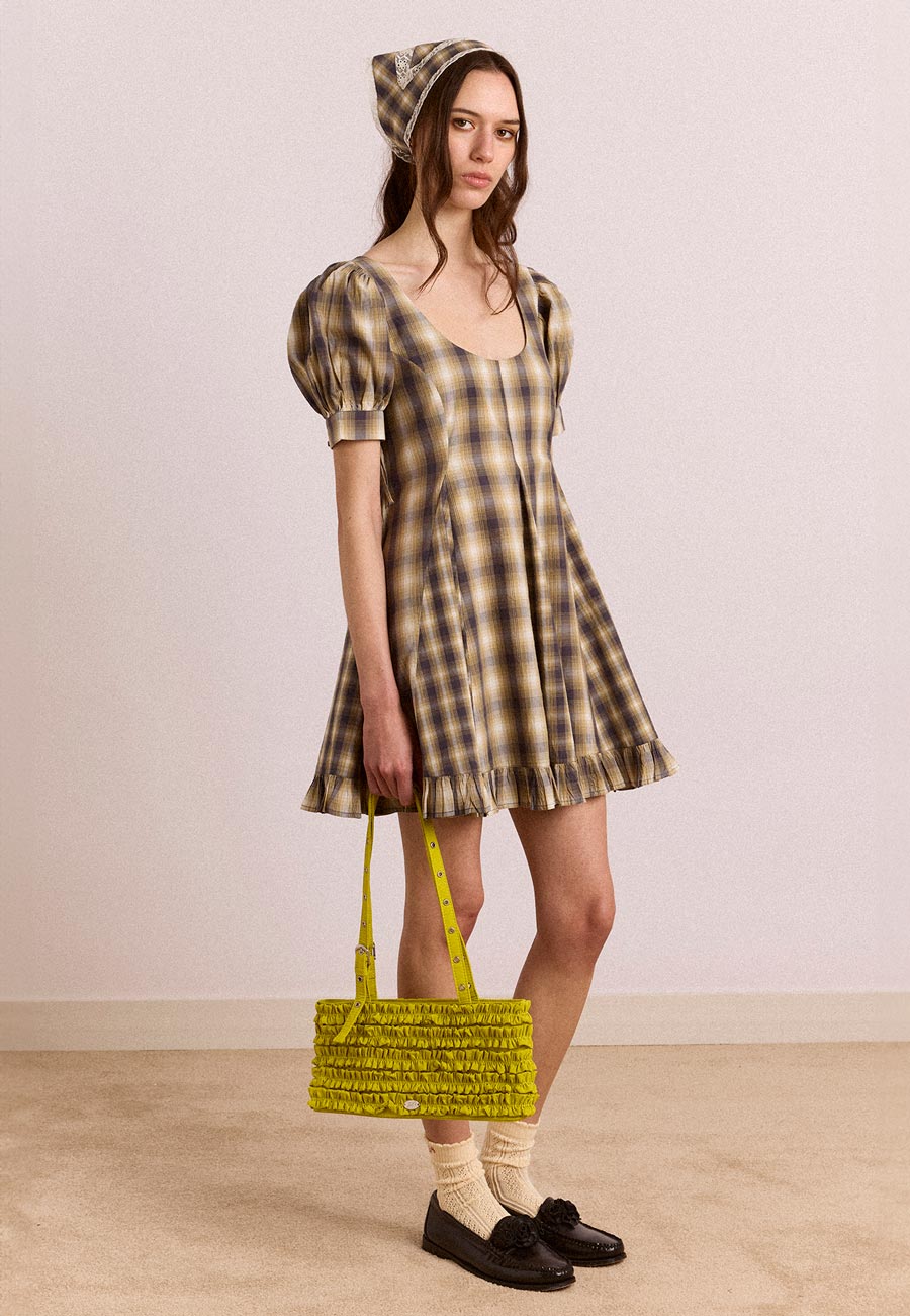 Damson Madder Sabina Mini Godet Dress Cardamom Check