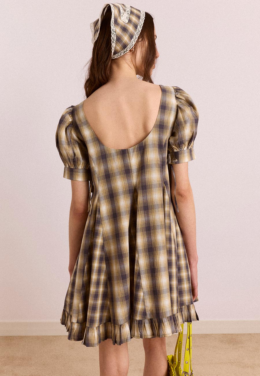 Damson Madder Sabina Mini Godet Dress Cardamom Check