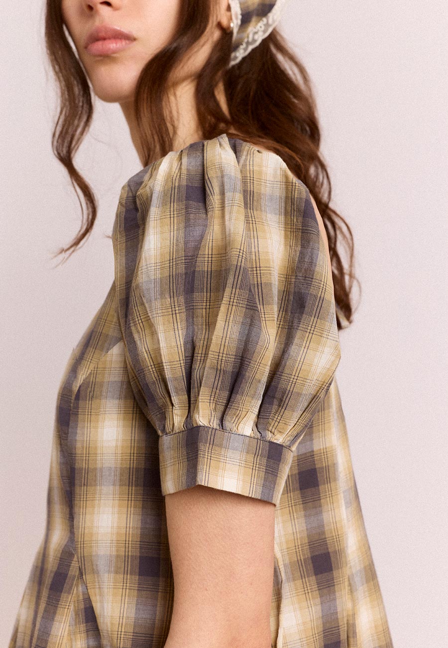 Damson Madder Sabina Mini Godet Dress Cardamom Check