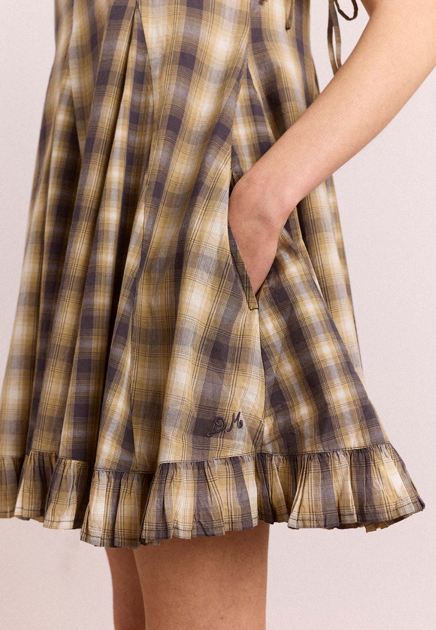Damson Madder Sabina Mini Godet Dress Cardamom Check