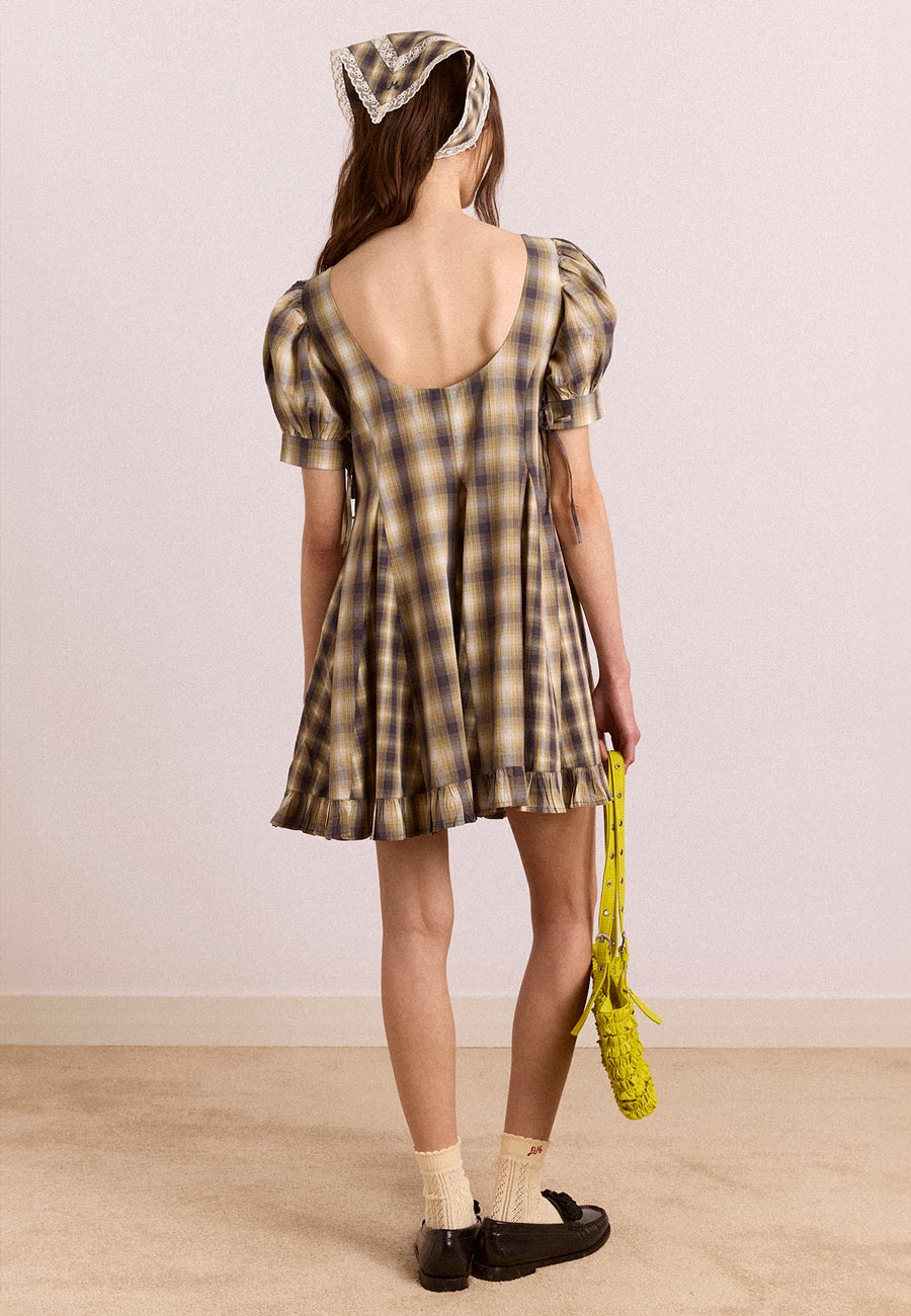Damson Madder Sabina Mini Godet Dress Cardamom Check