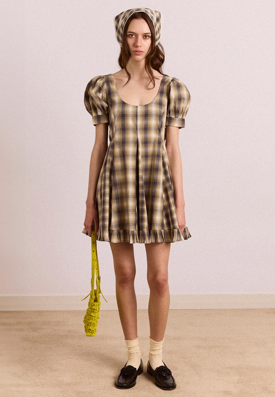 Damson Madder Sabina Mini Godet Dress Cardamom Check