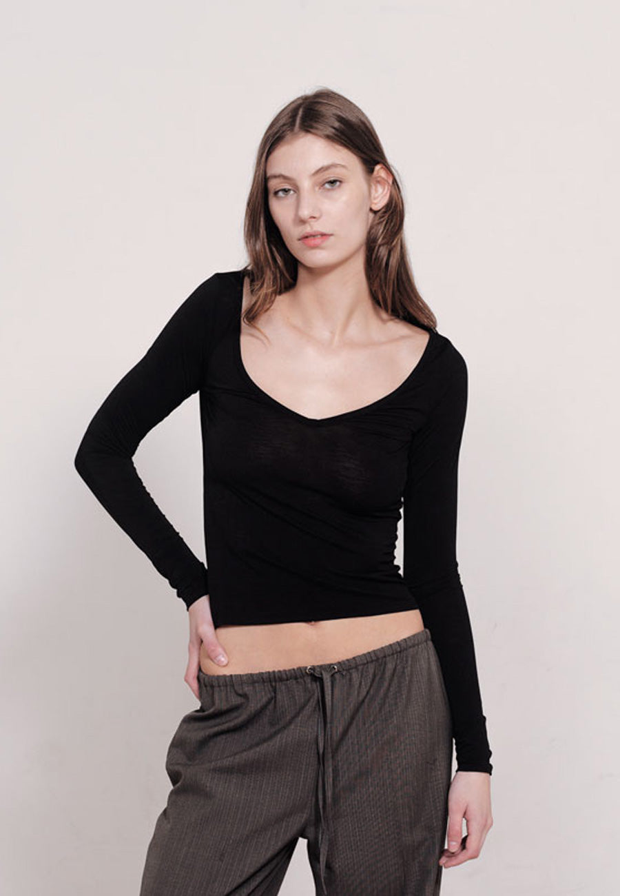 Sister Studios Carlotta Deep V Long Sleeve Top Black
