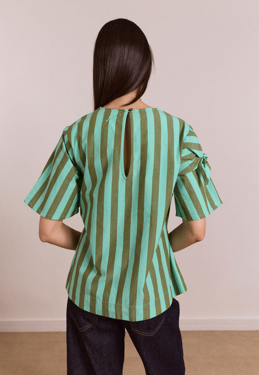 Damson Madder Estelle T-Shirt Blouse Aqua Olive Stripe
