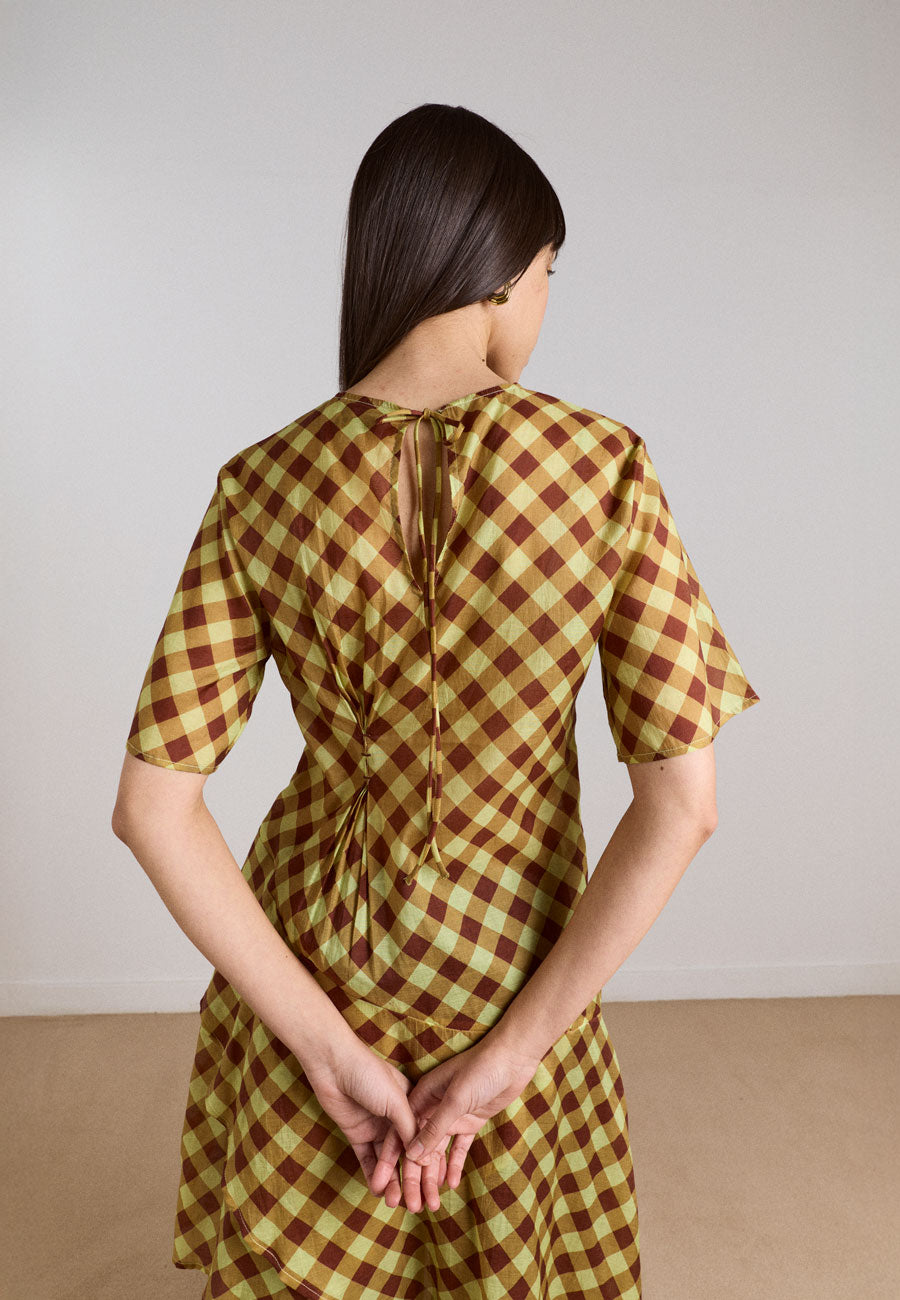 Damson Madder Harmony Sheer Midi Dress Choc Avo Gingham