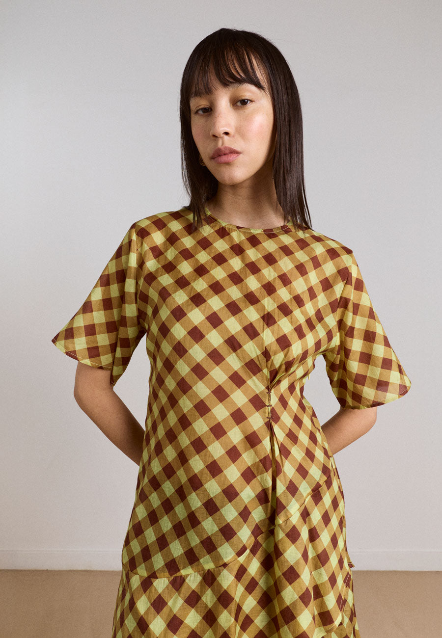 Damson Madder Harmony Sheer Midi Dress Choc Avo Gingham