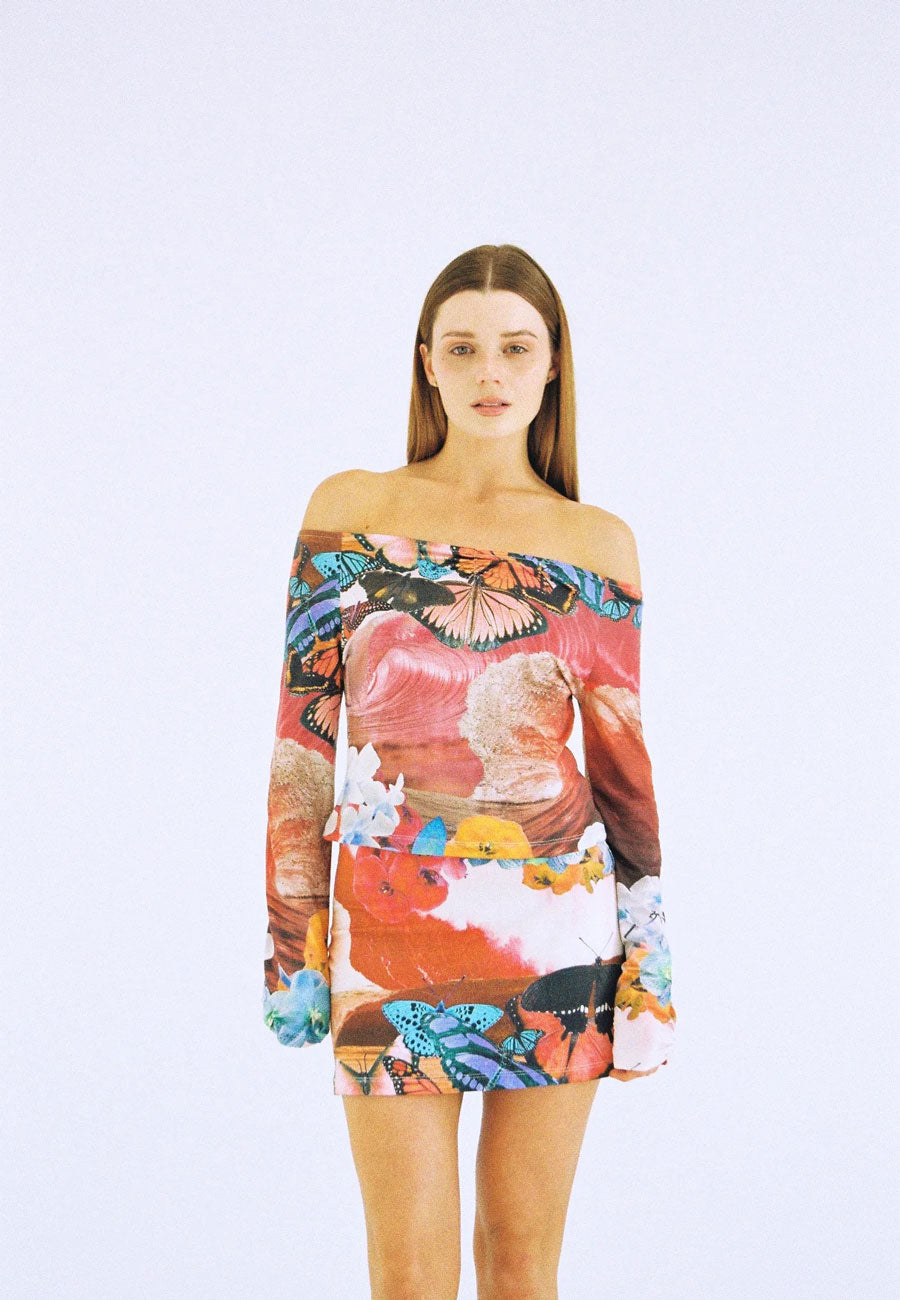 Lottie Hall Wave Off Shoulder Top Butterfly Wave Red