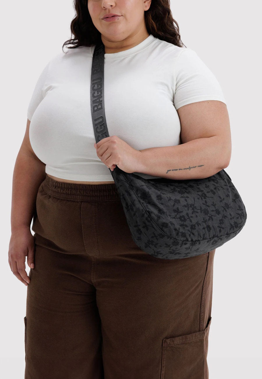Baggu Medium Nylon Crescent Bag Charcoal Ditsy Floral