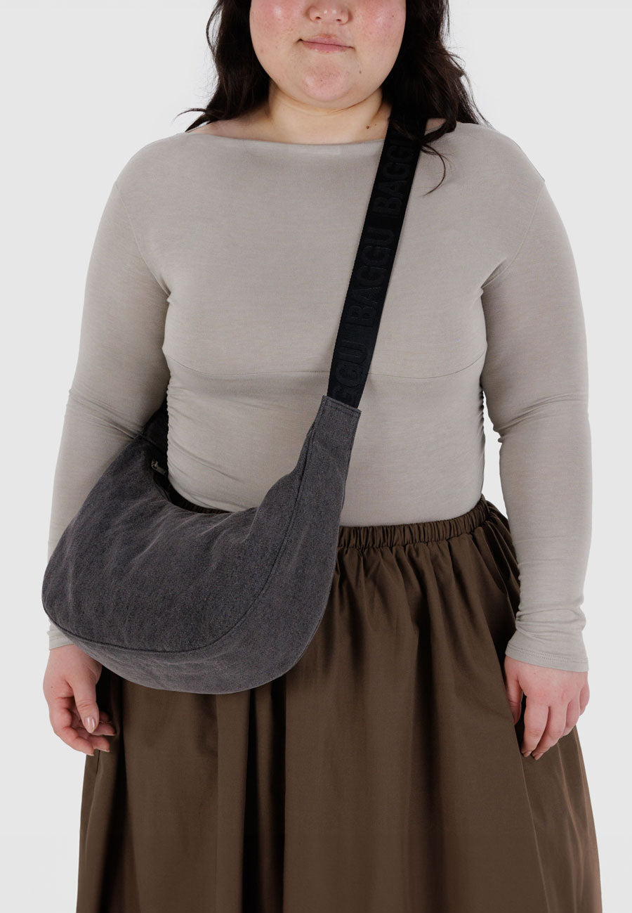 Baggu Medium Denim Crescent Bag Washed Black Denim
