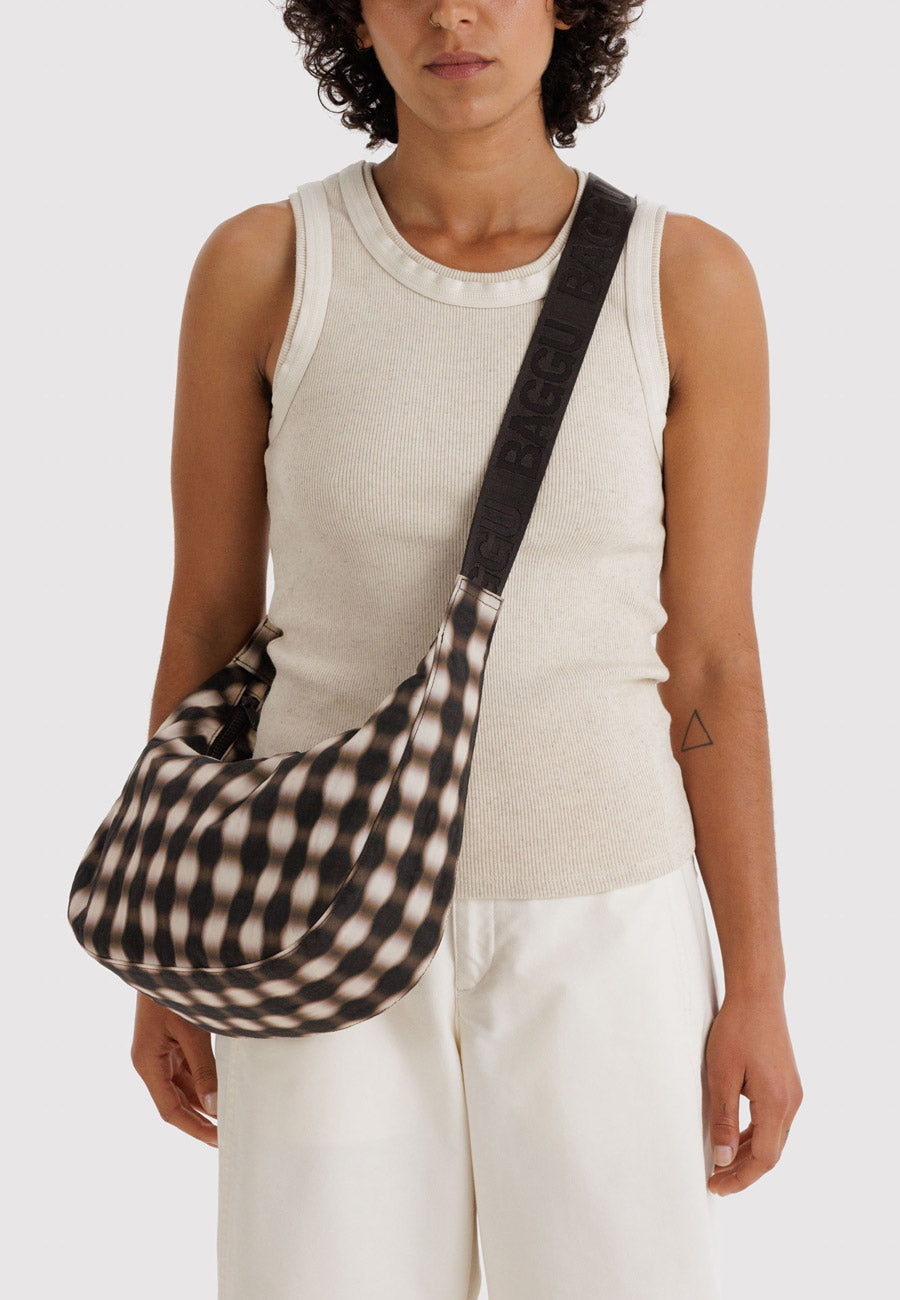 Baggu Medium Nylon Crescent Bag Blurred Gingham Brown