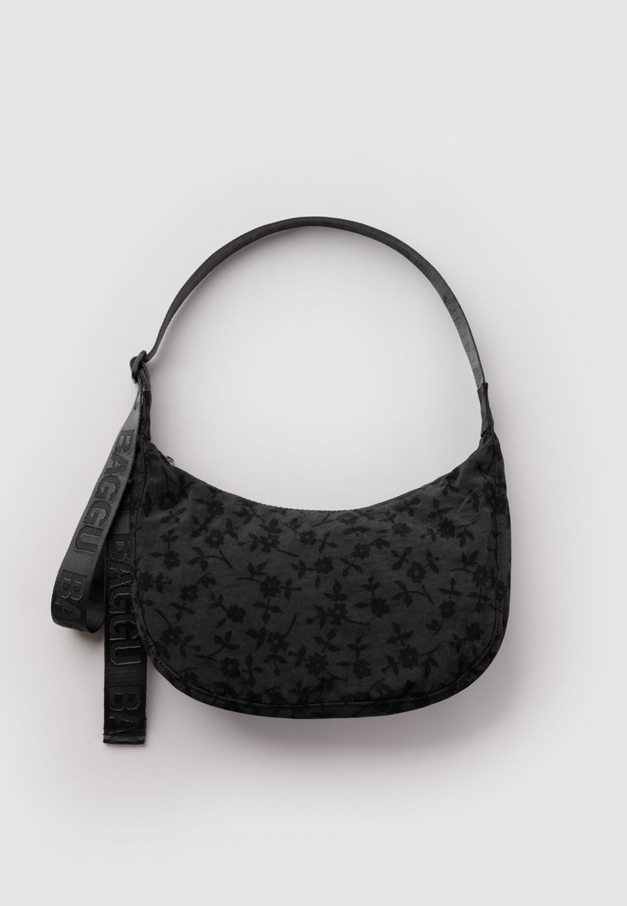 Baggu Medium Nylon Crescent Bag Charcoal Ditsy Floral