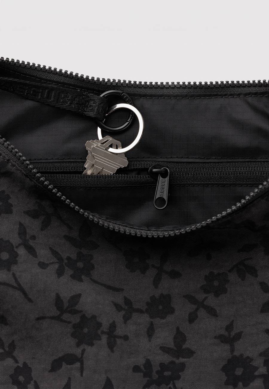 Baggu Medium Nylon Crescent Bag Charcoal Ditsy Floral
