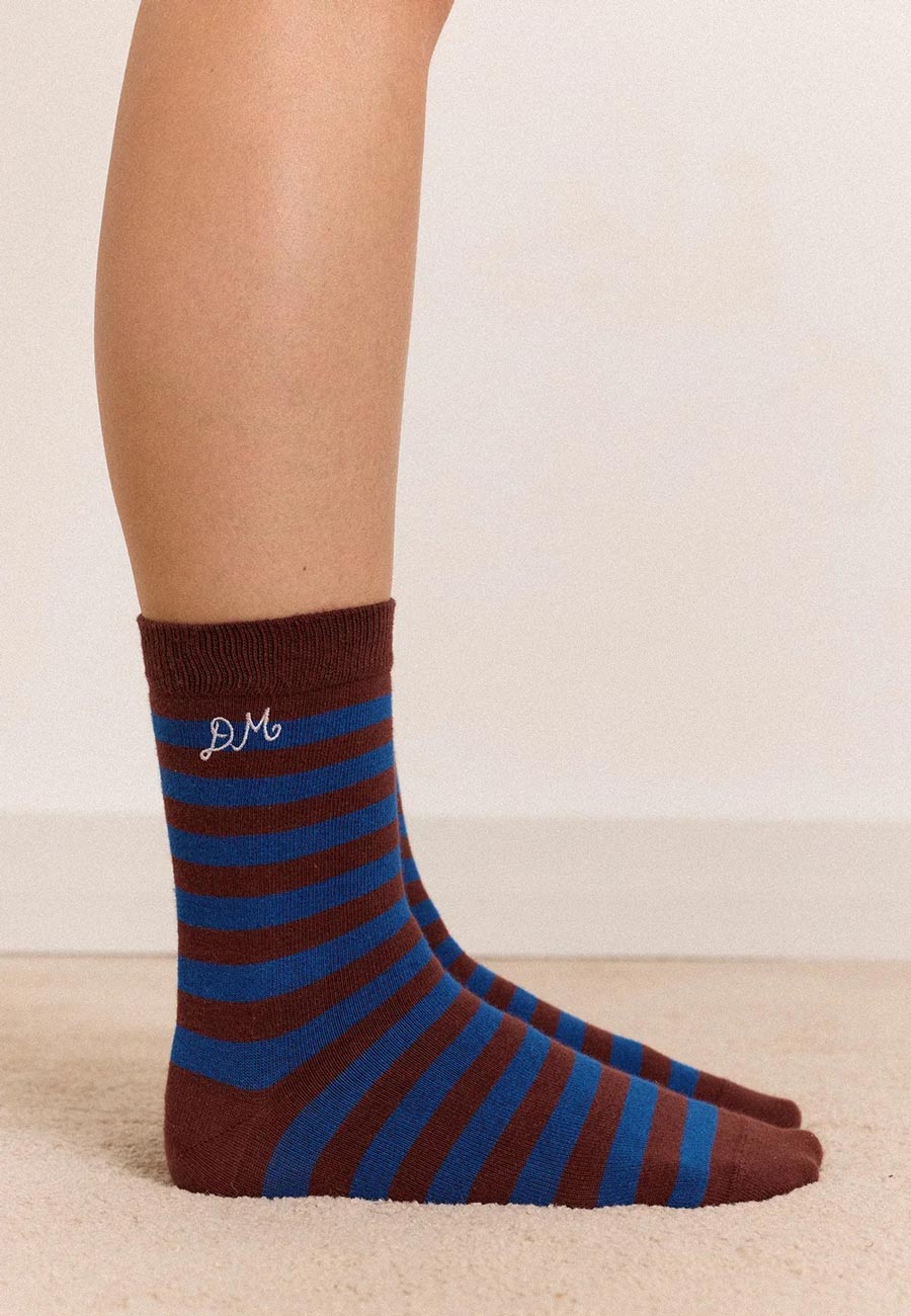 Damson Madder Calf Length 2 Pack Socks Mix Choc Stripe
