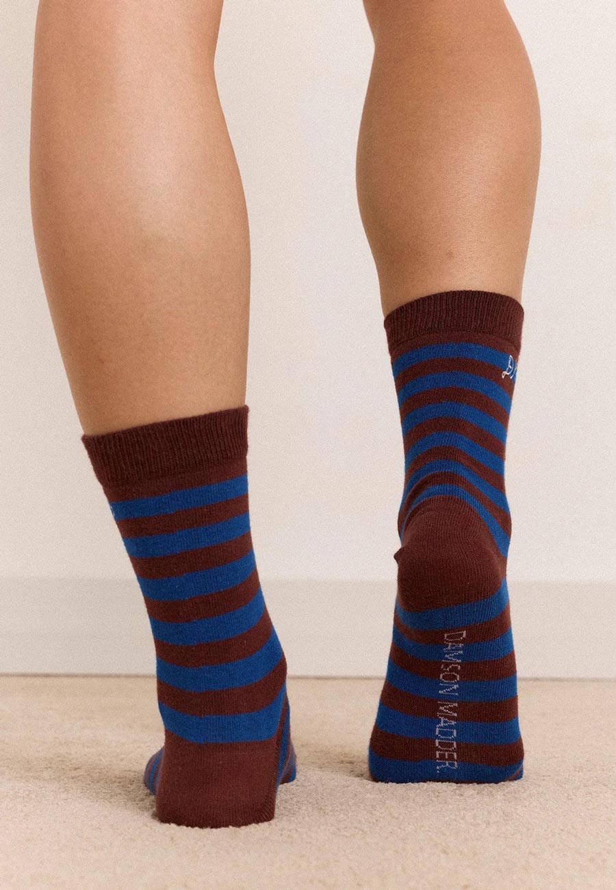 Damson Madder Calf Length 2 Pack Socks Mix Choc Stripe