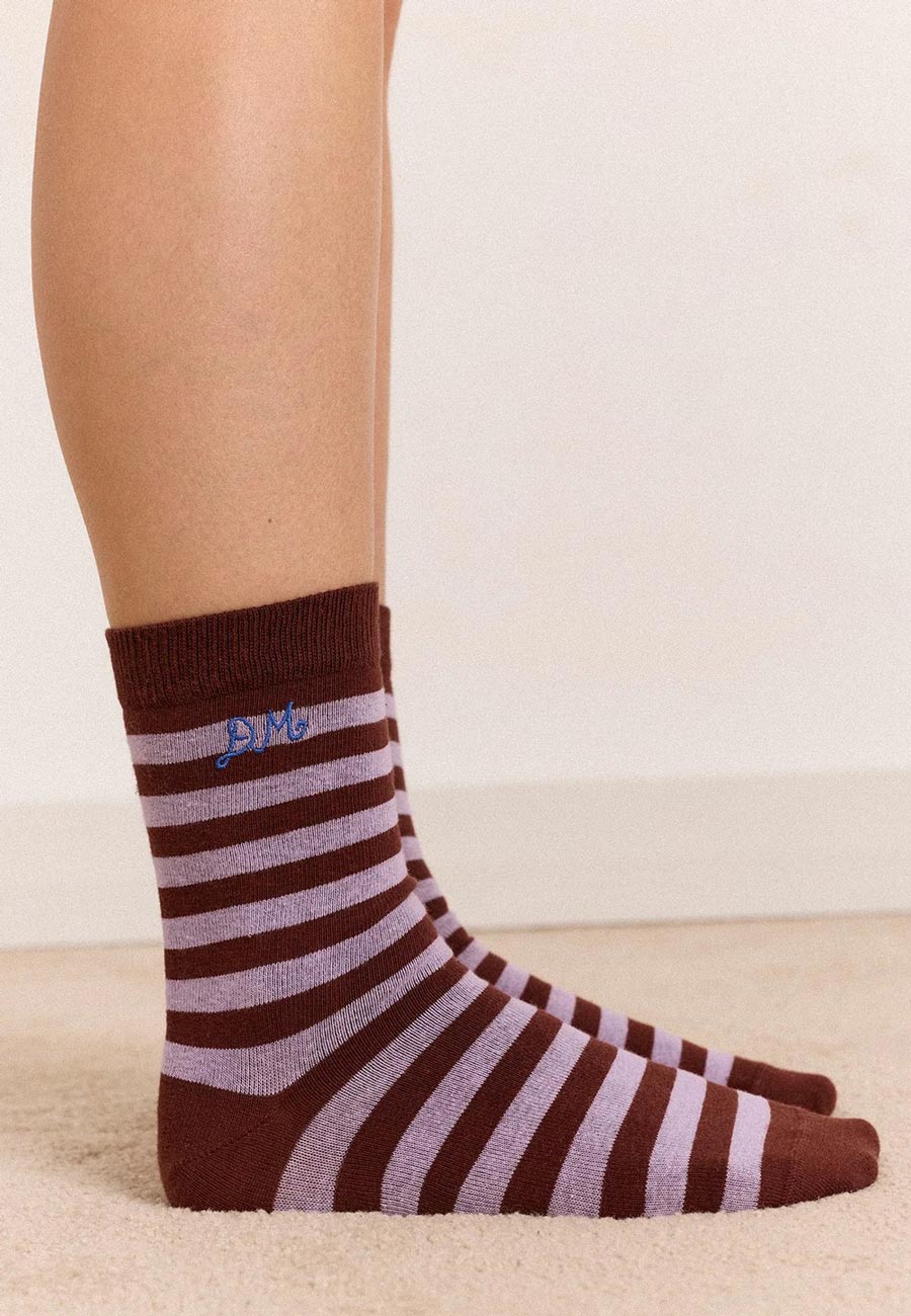 Damson Madder Calf Length 2 Pack Socks Mix Choc Stripe