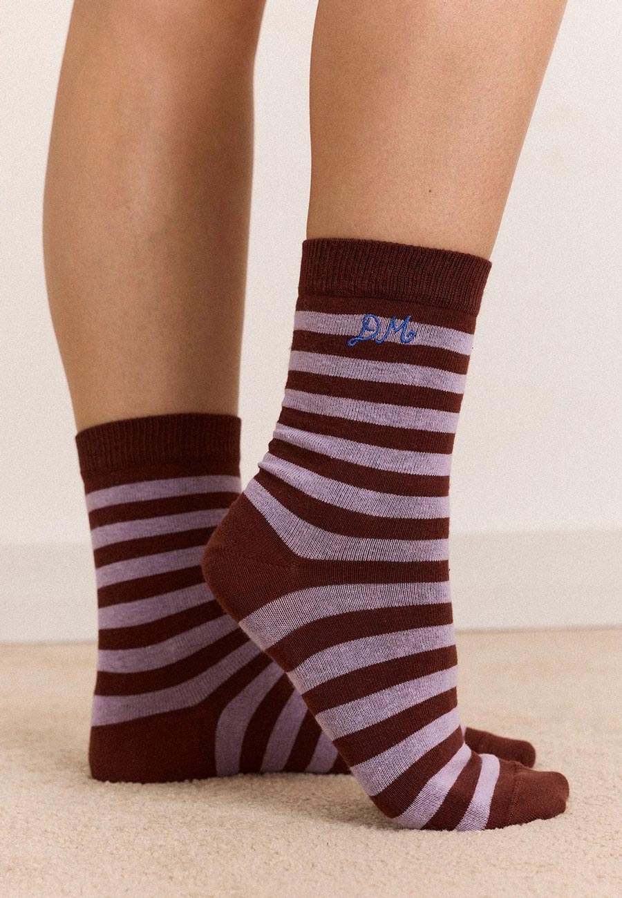 Damson Madder Calf Length 2 Pack Socks Mix Choc Stripe