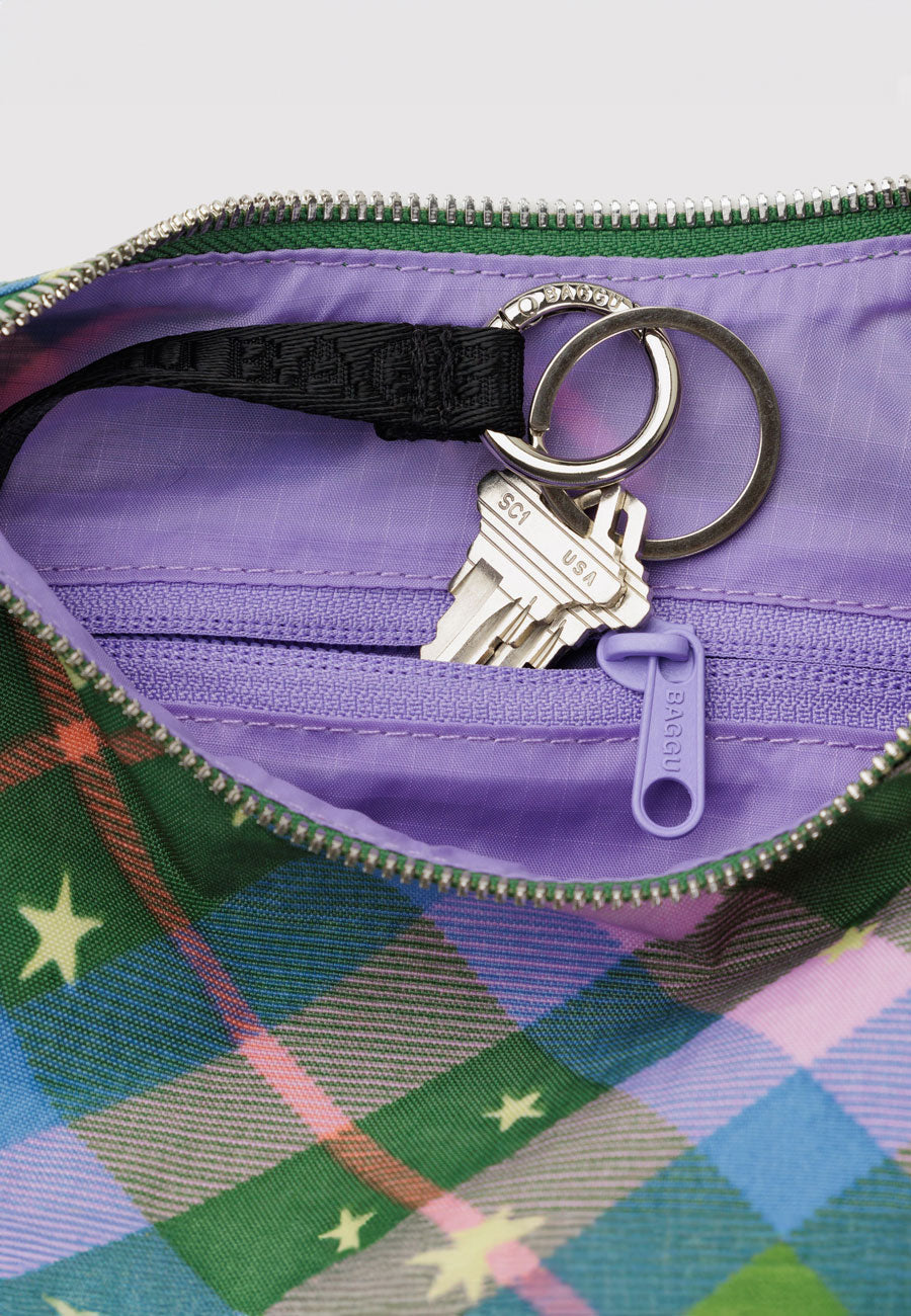 Baggu Small Nylon Crescent Bag Green Star Plaid