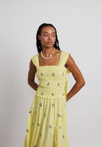 Damson Madder Violet Poplin Midi Dress Embroidered Yellow